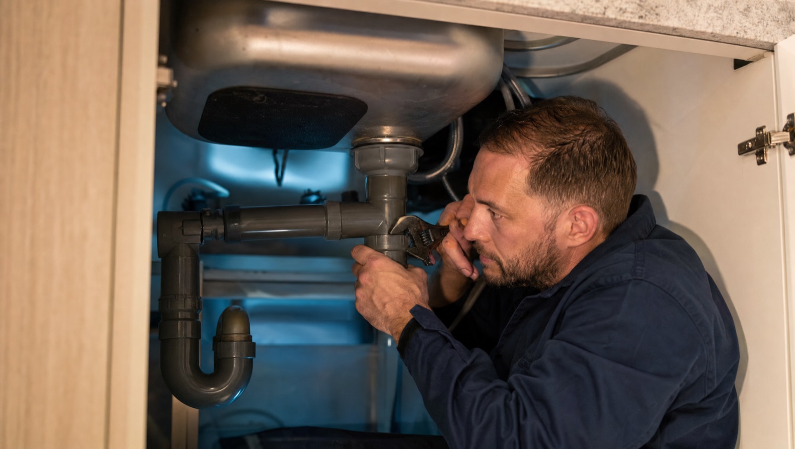 Plumber repairing a pipe fitting under a kitchen sink